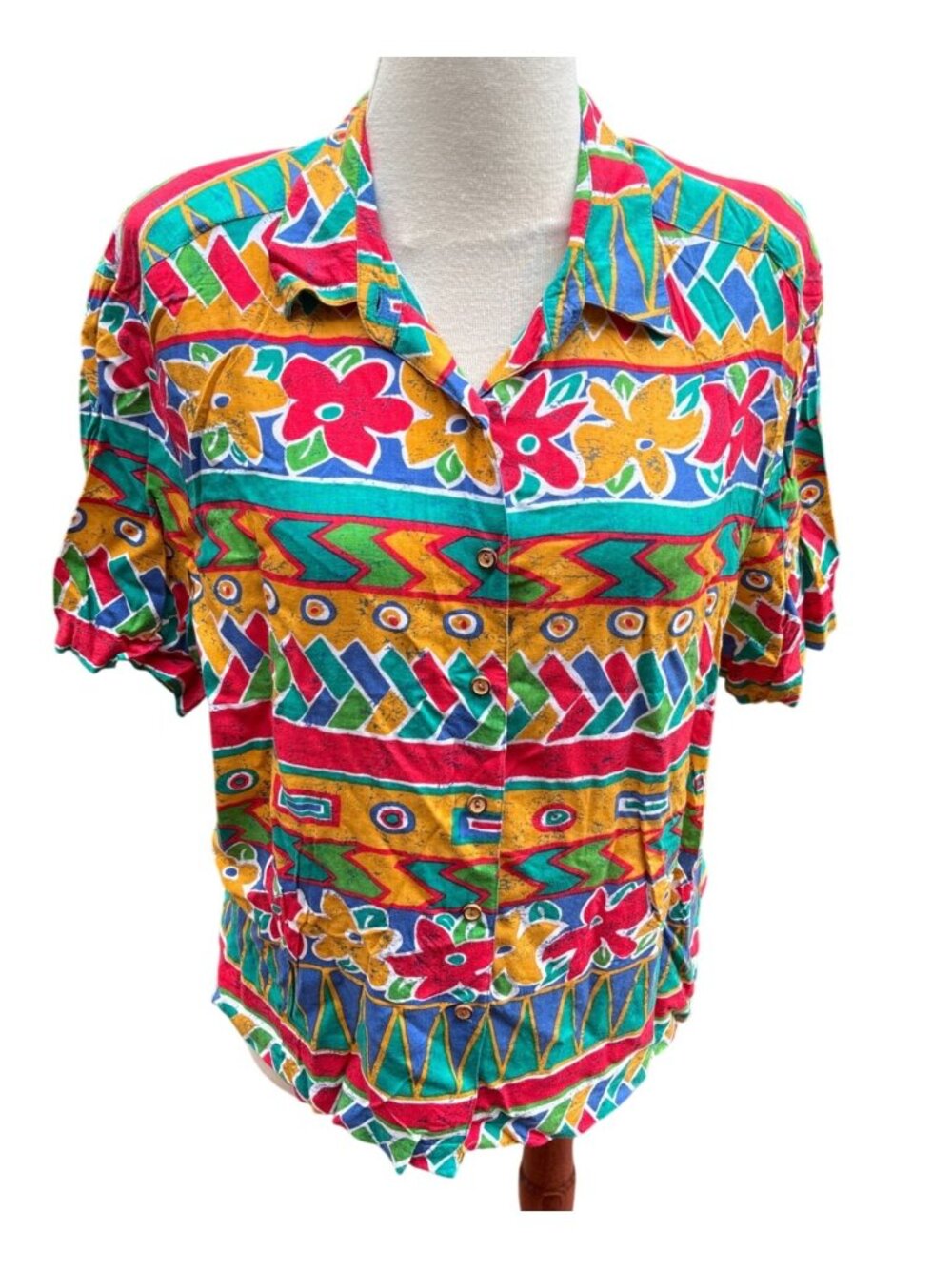 Floral Multicolor Short Sleeve Button-Up Shirt Size 14 100% Rayon Womens
